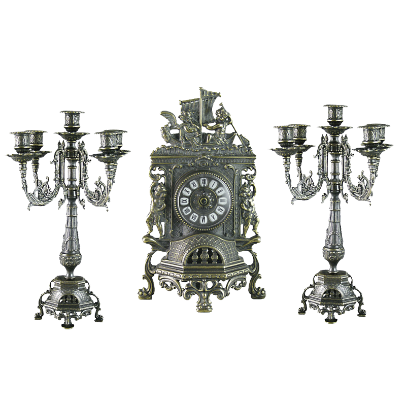 Часы каминные с канделябрами на 5 свечей, под бронзу AL-82-101-C-ANT