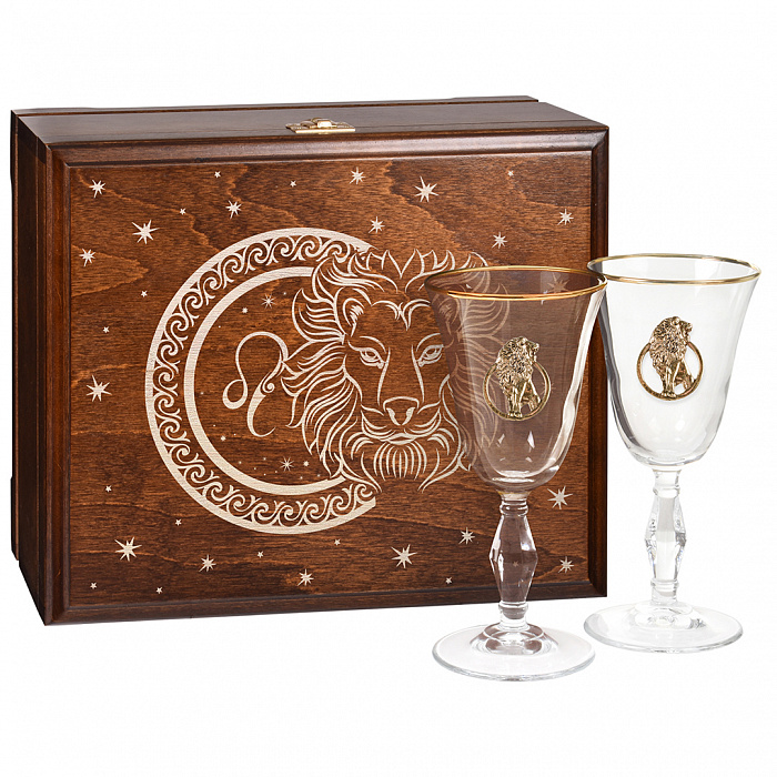Набор из 2-х бокалов для вина и шампанского с накладкой "Лев", в деревянной шкатулке 1200088