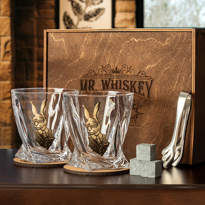 Набор из 2х бокалов для виски Квадро с накладкой "Заяц", упаковка Mr Whiskey 13000125 - детальная
