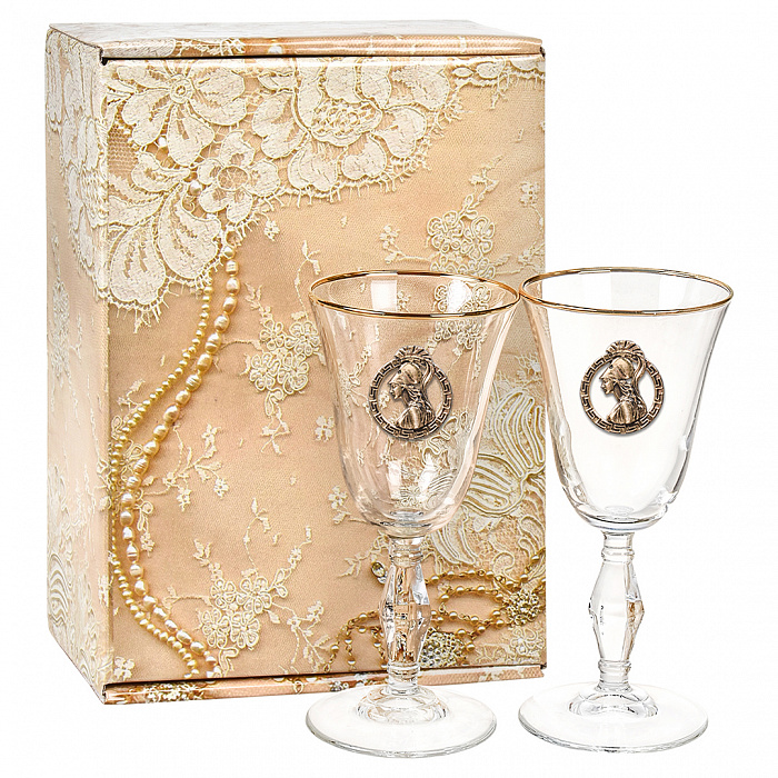 Бокалы для вина и шампанского Ретро с накладкой Дева в золотой коробке 15000007