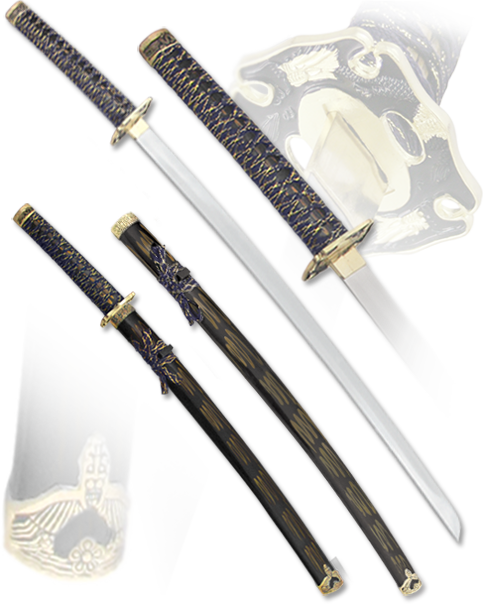 Набор самурайских мечей, 2 шт. Ножны синие с желтым D-50016-KA-WA